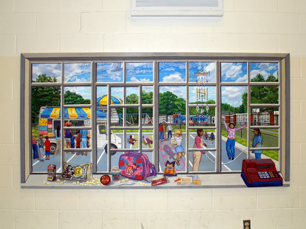 Close up of picture window mural opening out to parking lot for cafeteria of Sun Quam ElementaryeditedSchool.