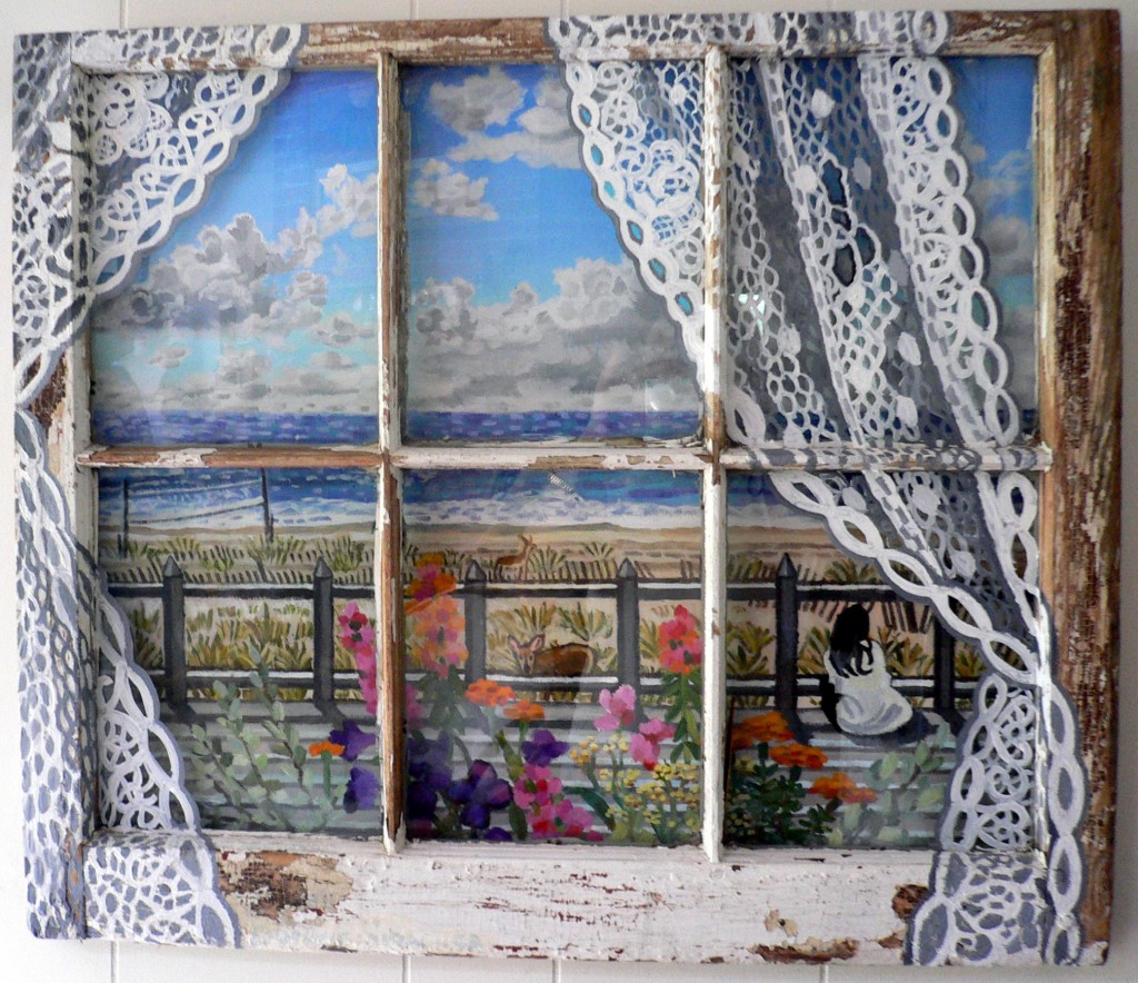 Fire Island ocean view patio  Acrylics on canvas framed with old window.edited