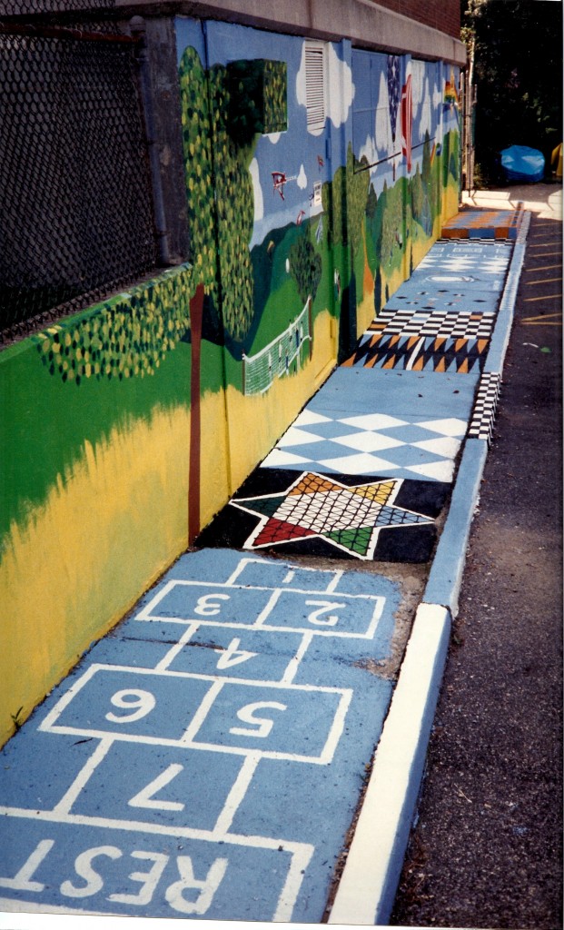 Left side view of Jewish Community Network mural with hopscotch sidewalk. Little Neck, NYedited