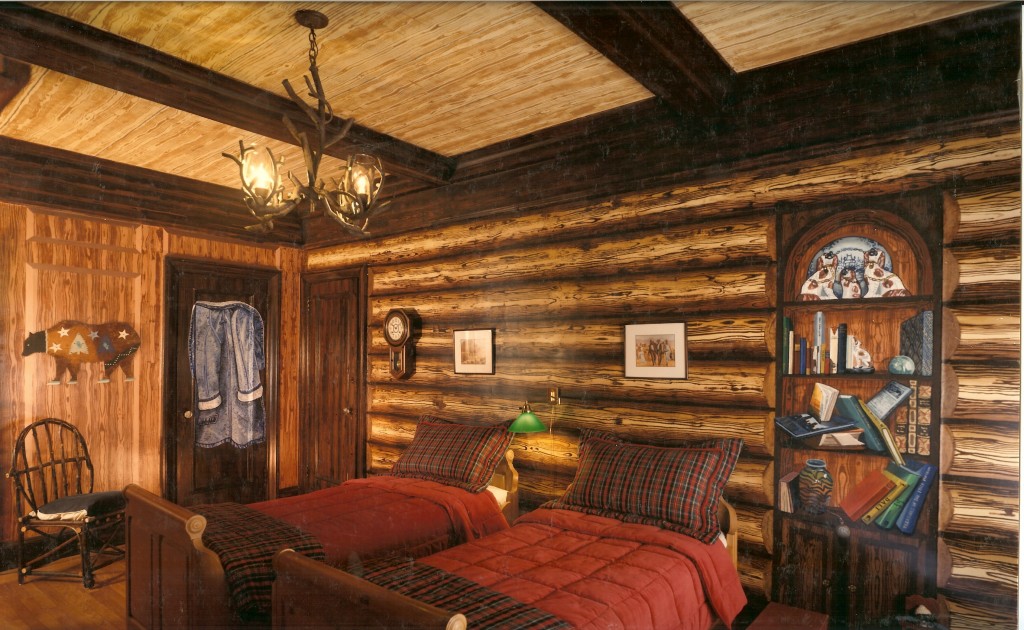 Log cabin mural for boy's bedroom opposite wall. NYC
